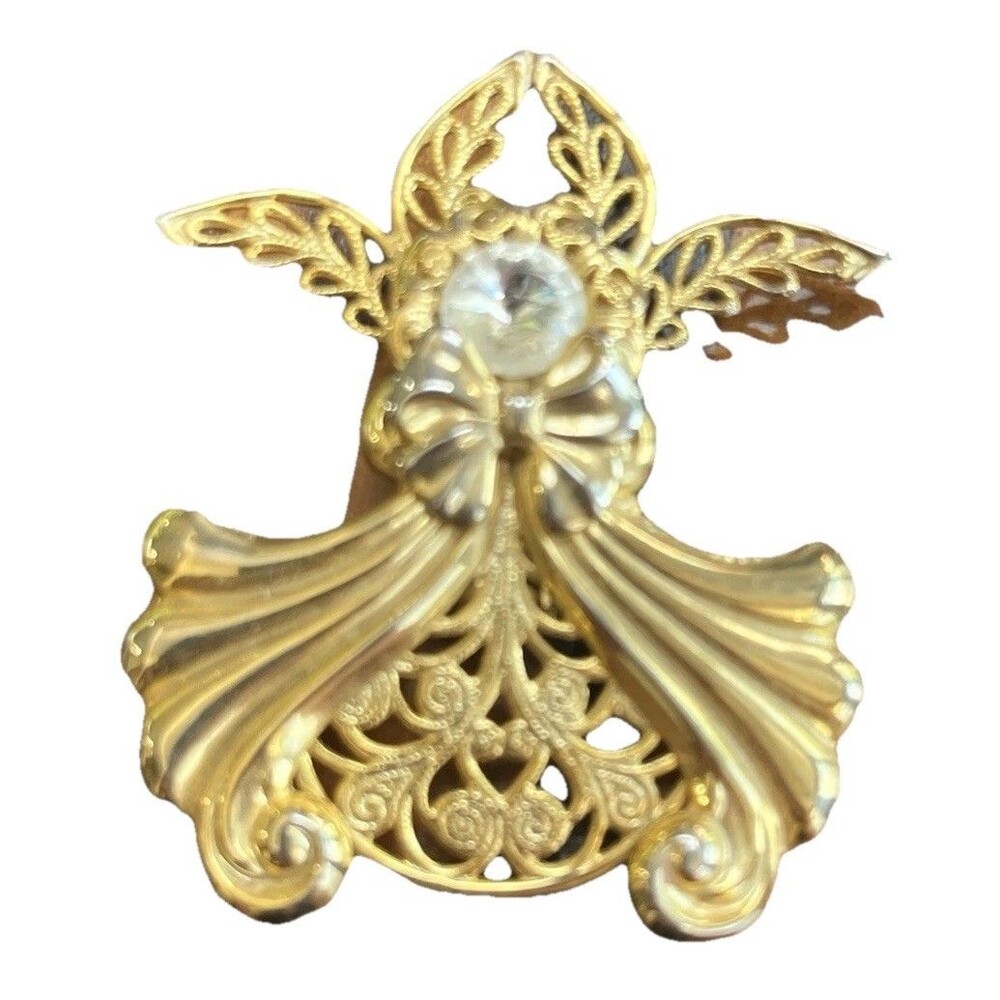 Vintage Gold Tone Angel Brooch Pin Rhinestone Filigree Christmas Guardian Cherub
